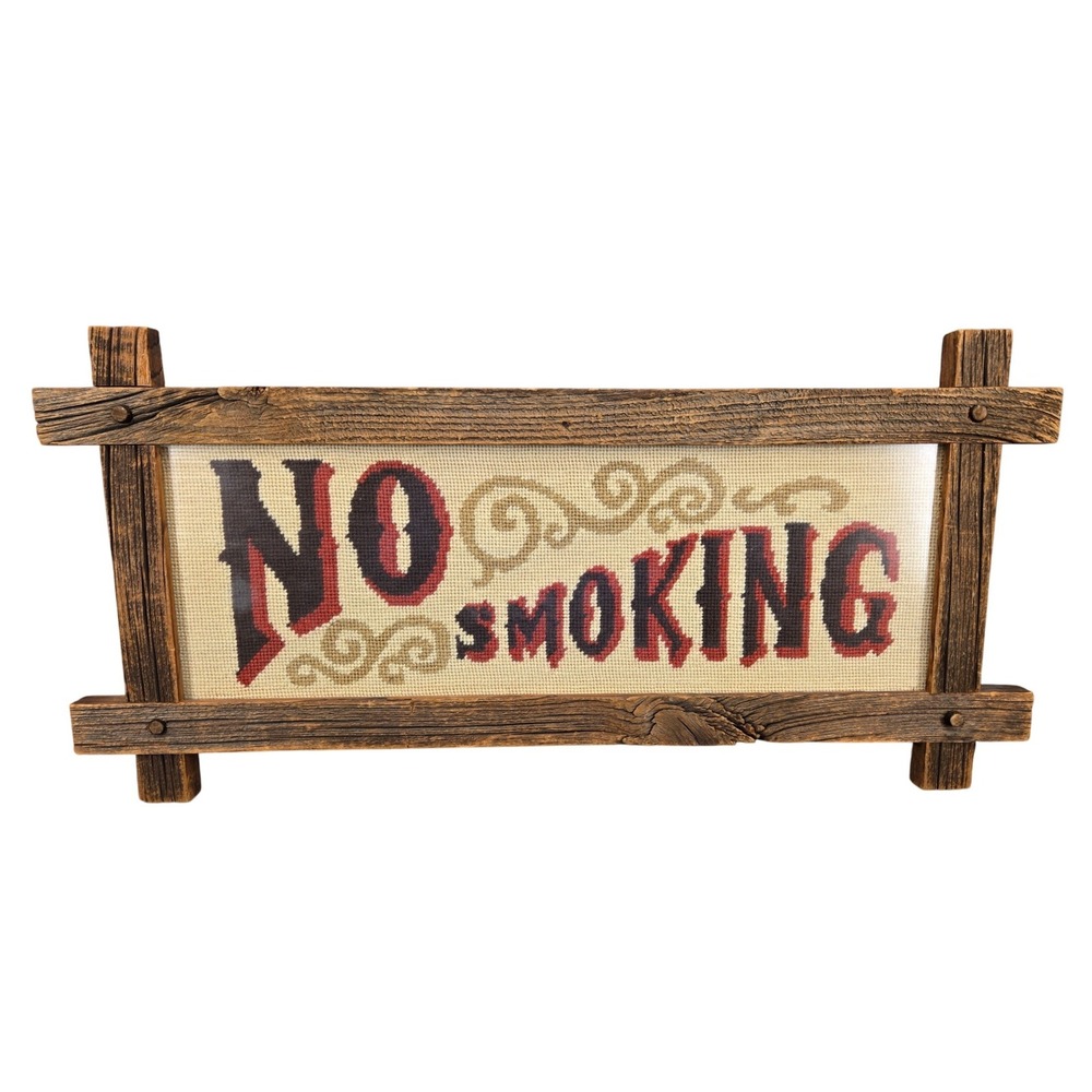 Vtg Rustic NO SMOKING Cross Stitch Gallery Framed Wall Art Sign 22.5" X 8.25"